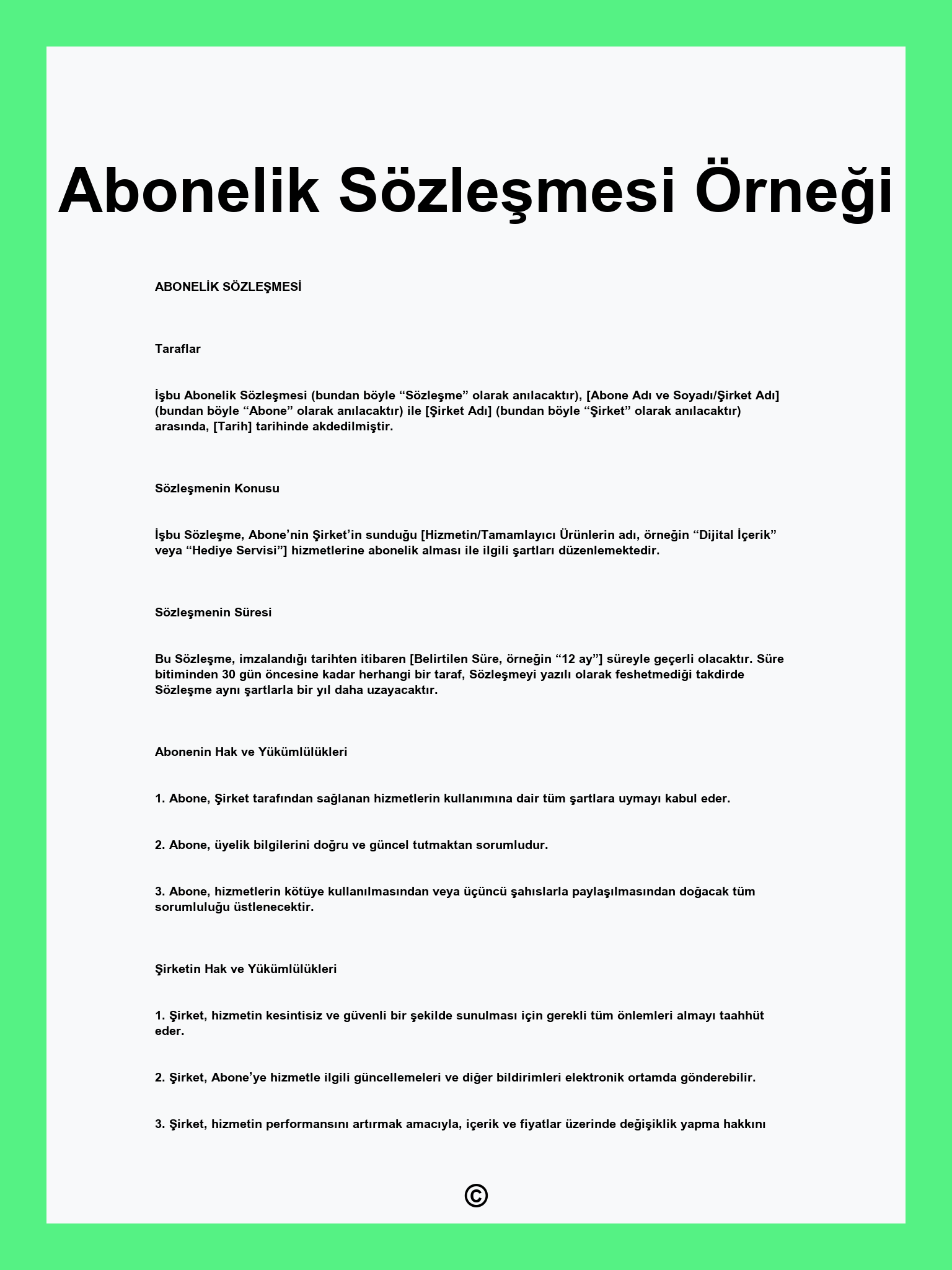 Abonelik Sözleşmesi Örneği