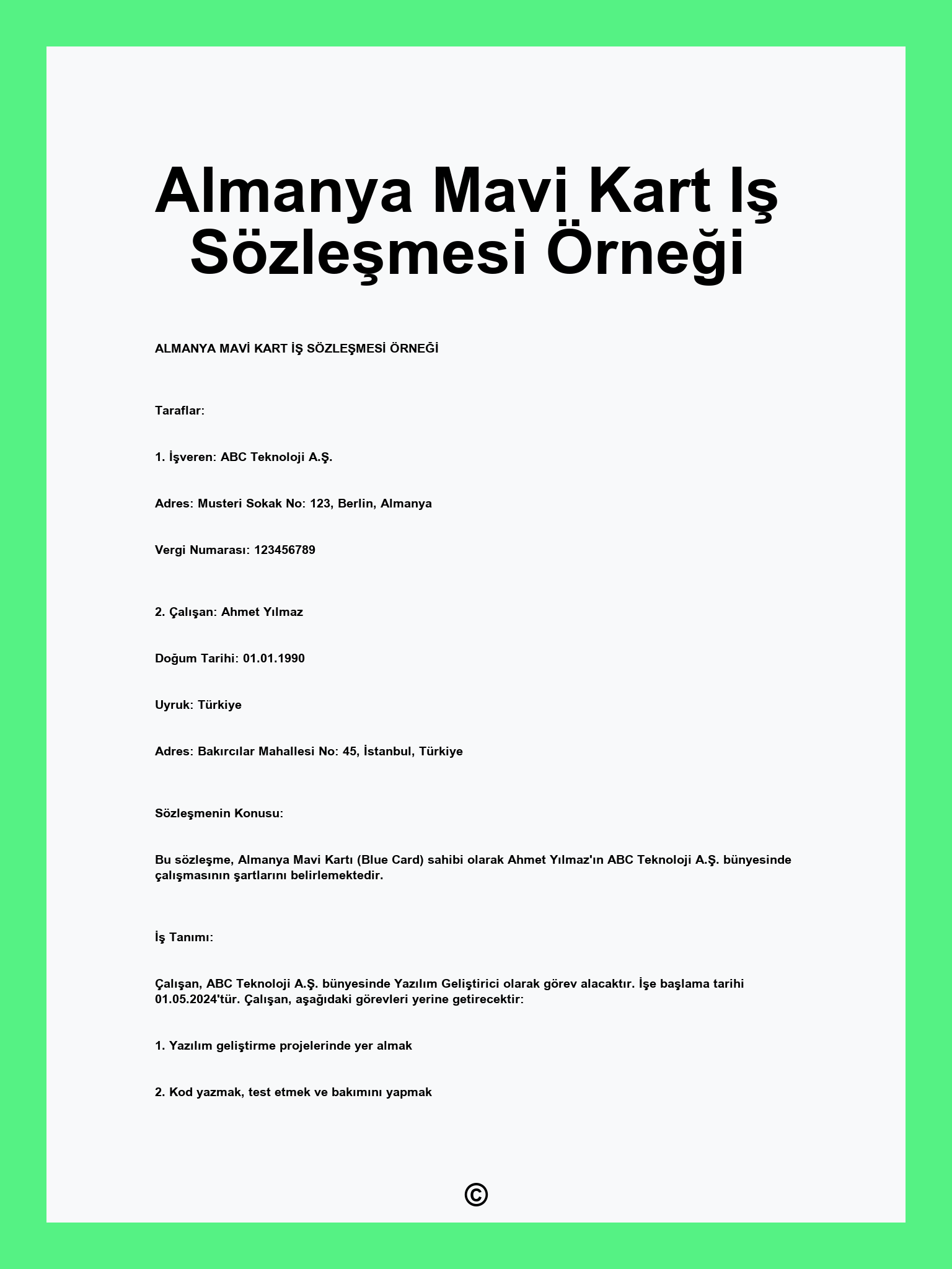 Almanya Mavi Kart Iş Sözleşmesi Örneği