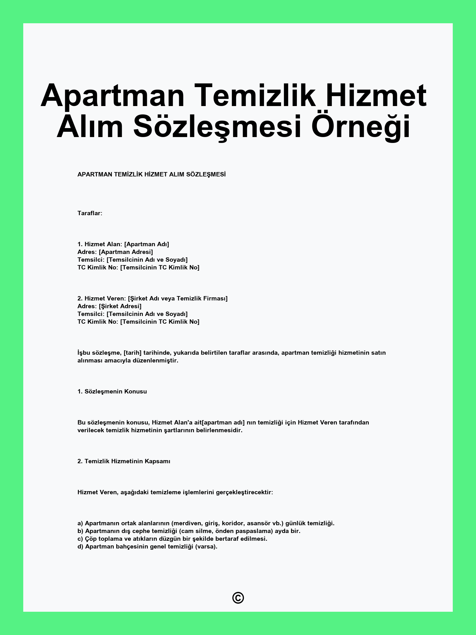 Apartman Temizlik Hizmet Alım Sözleşmesi Örneği