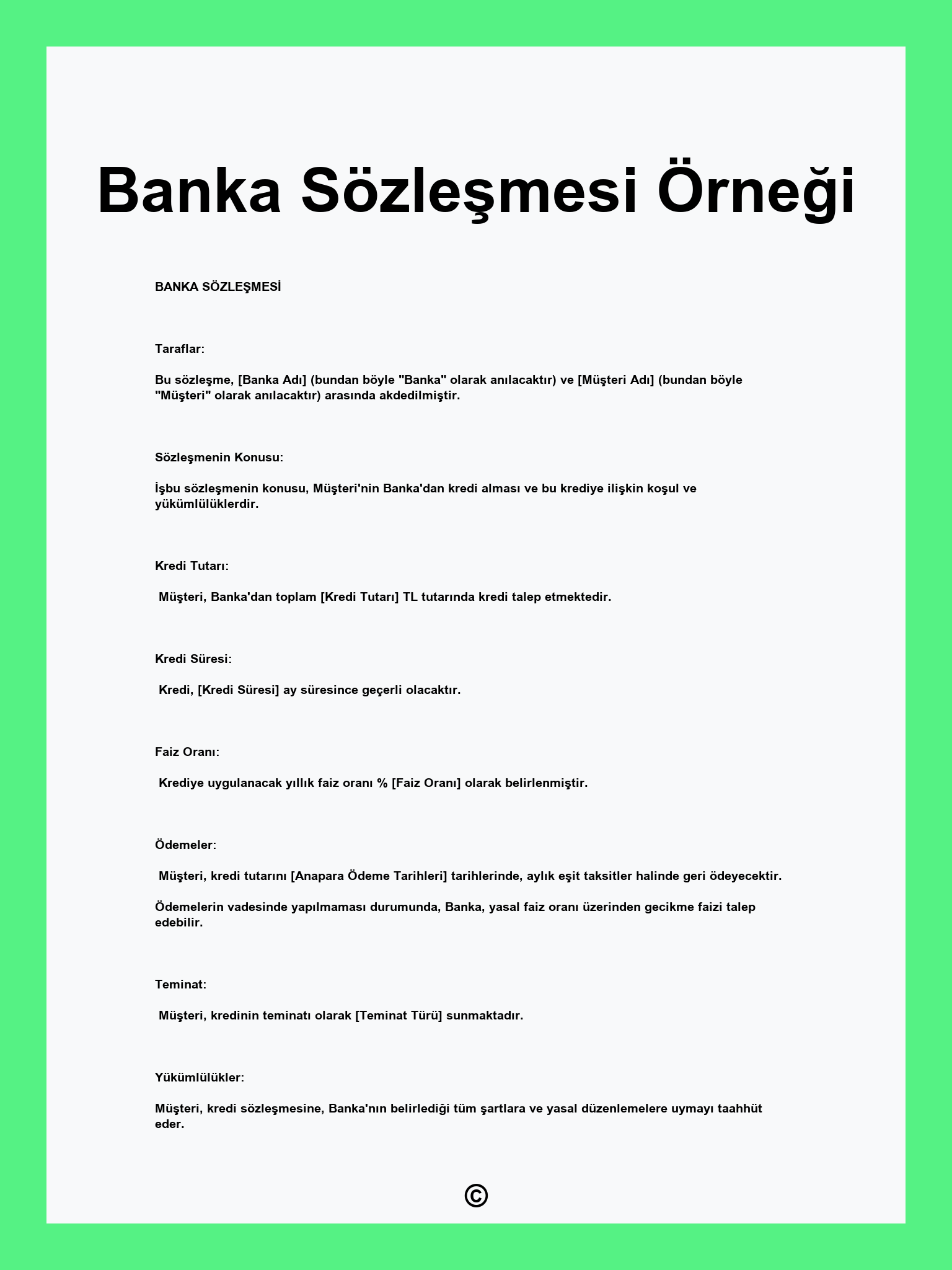 Banka Sözleşmesi Örneği