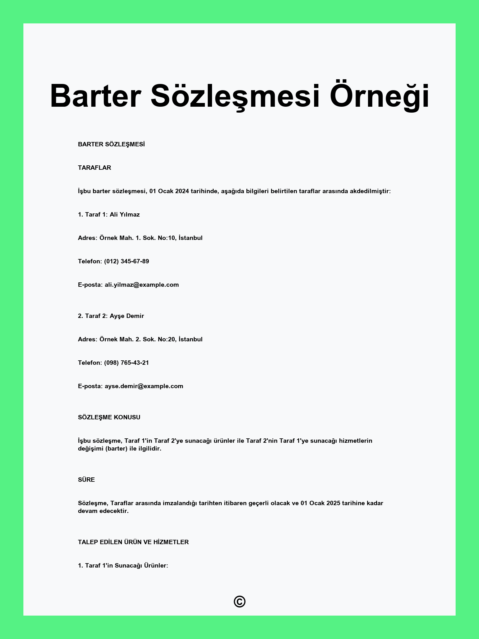 Barter Sözleşmesi Örneği