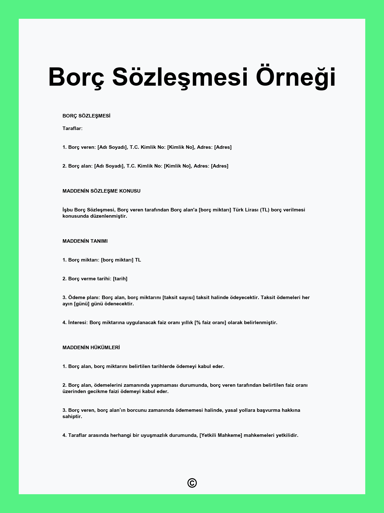 Borç Sözleşmesi Örneği