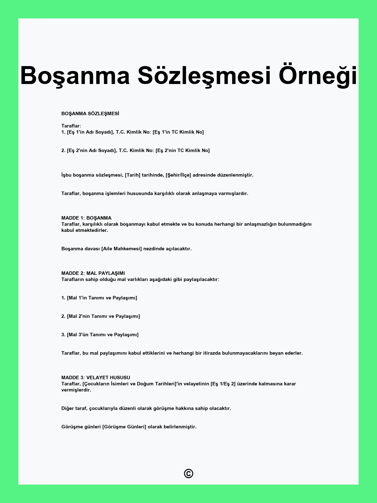 Boşanma Sözleşmesi Örneği