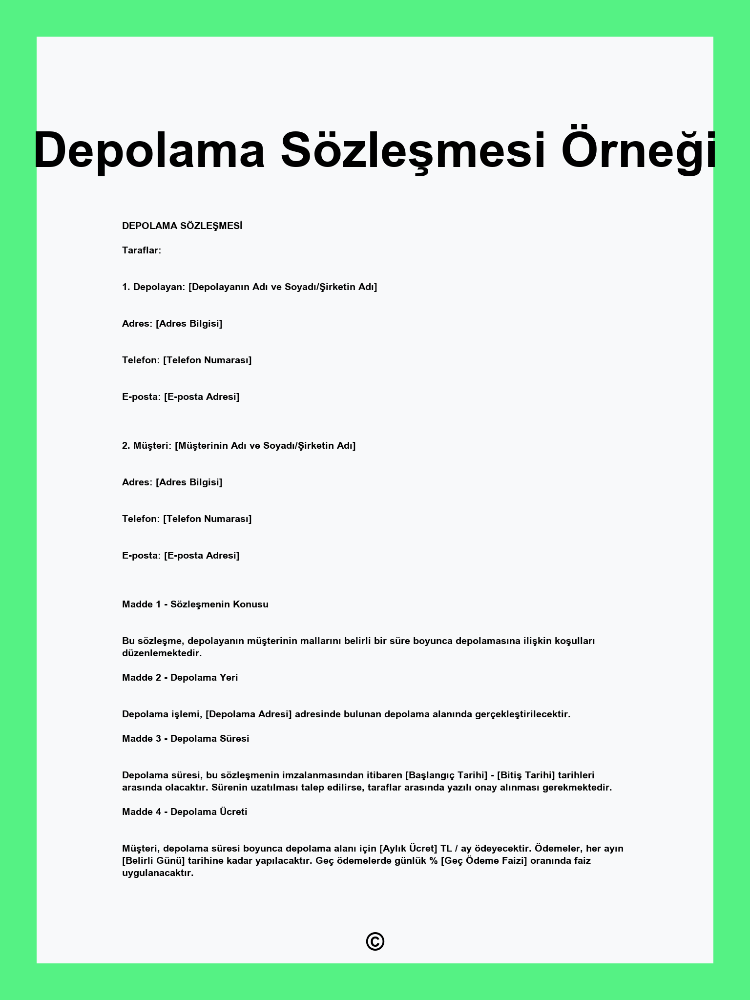 Depolama Sözleşmesi Örneği