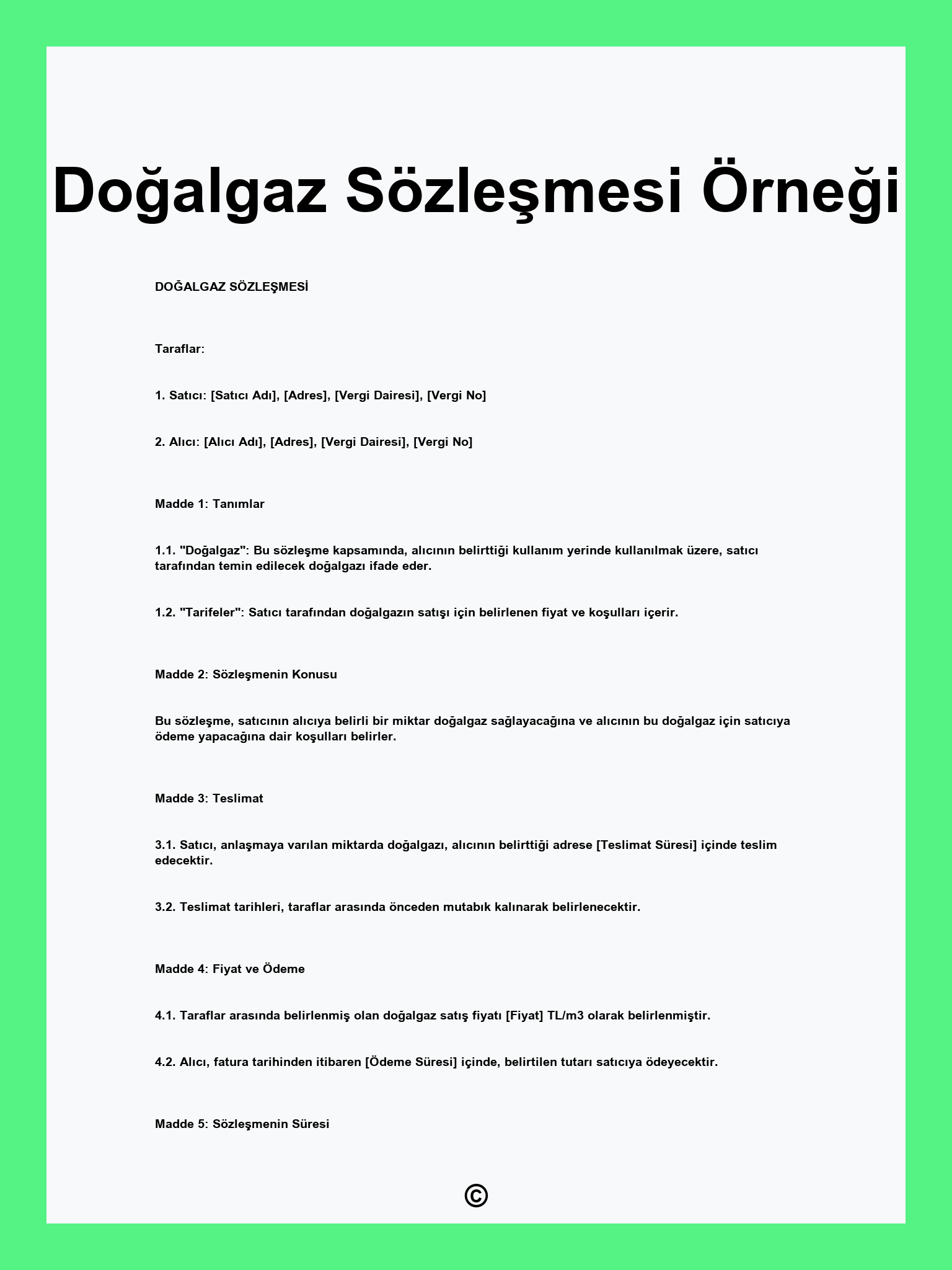 Doğalgaz Sözleşmesi Örneği