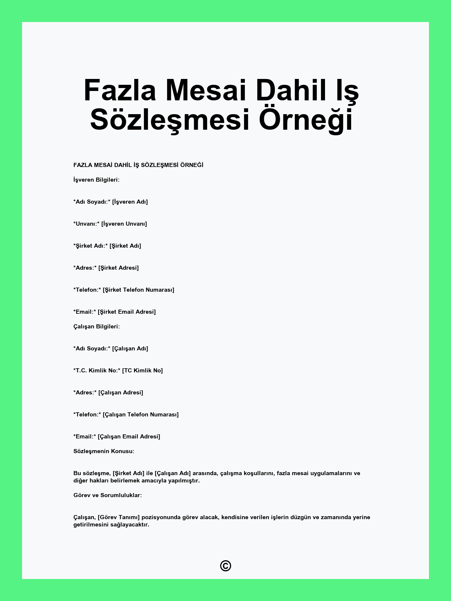 Fazla Mesai Dahil Iş Sözleşmesi Örneği
