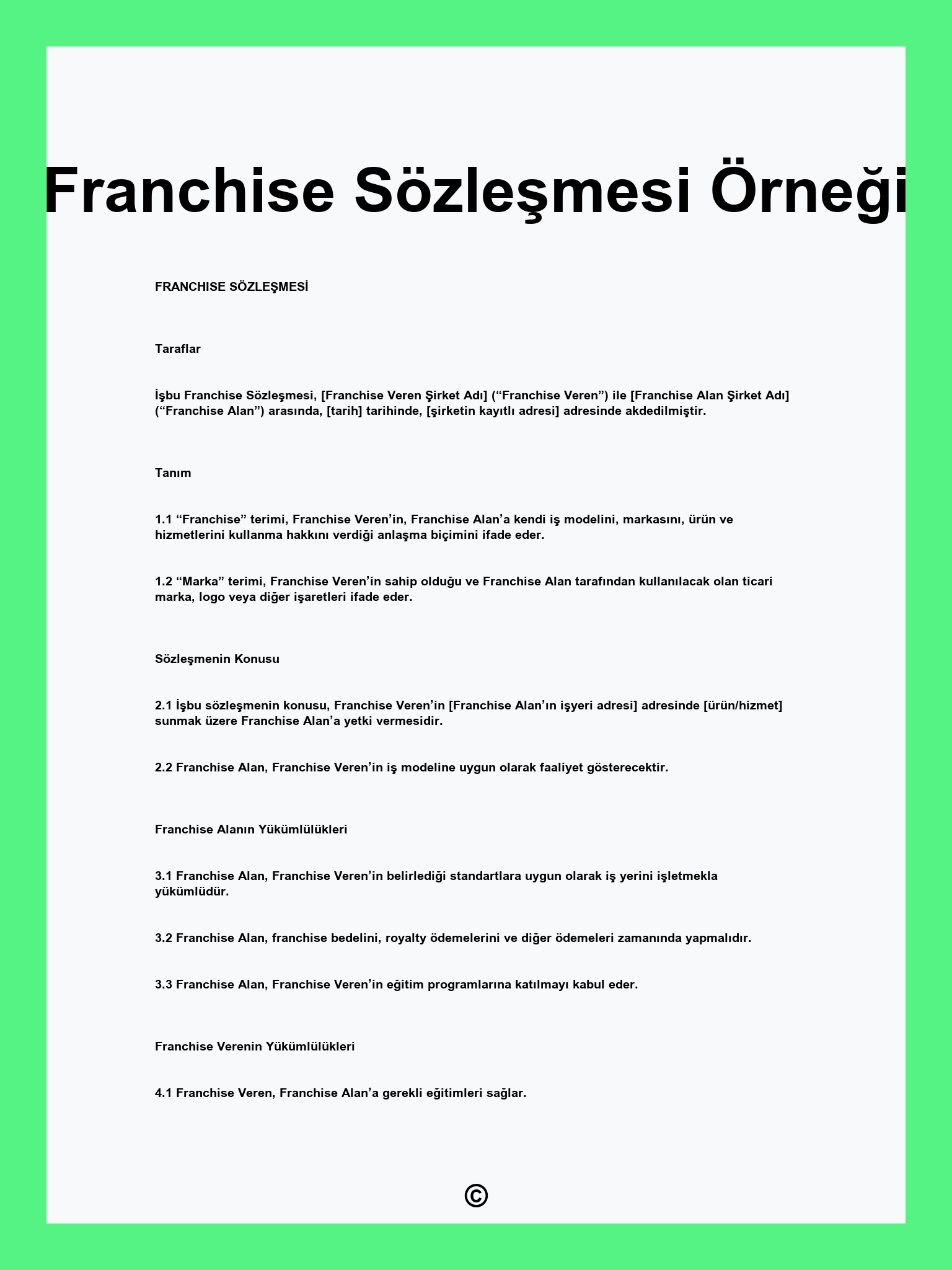 Franchise Sözleşmesi Örneği
