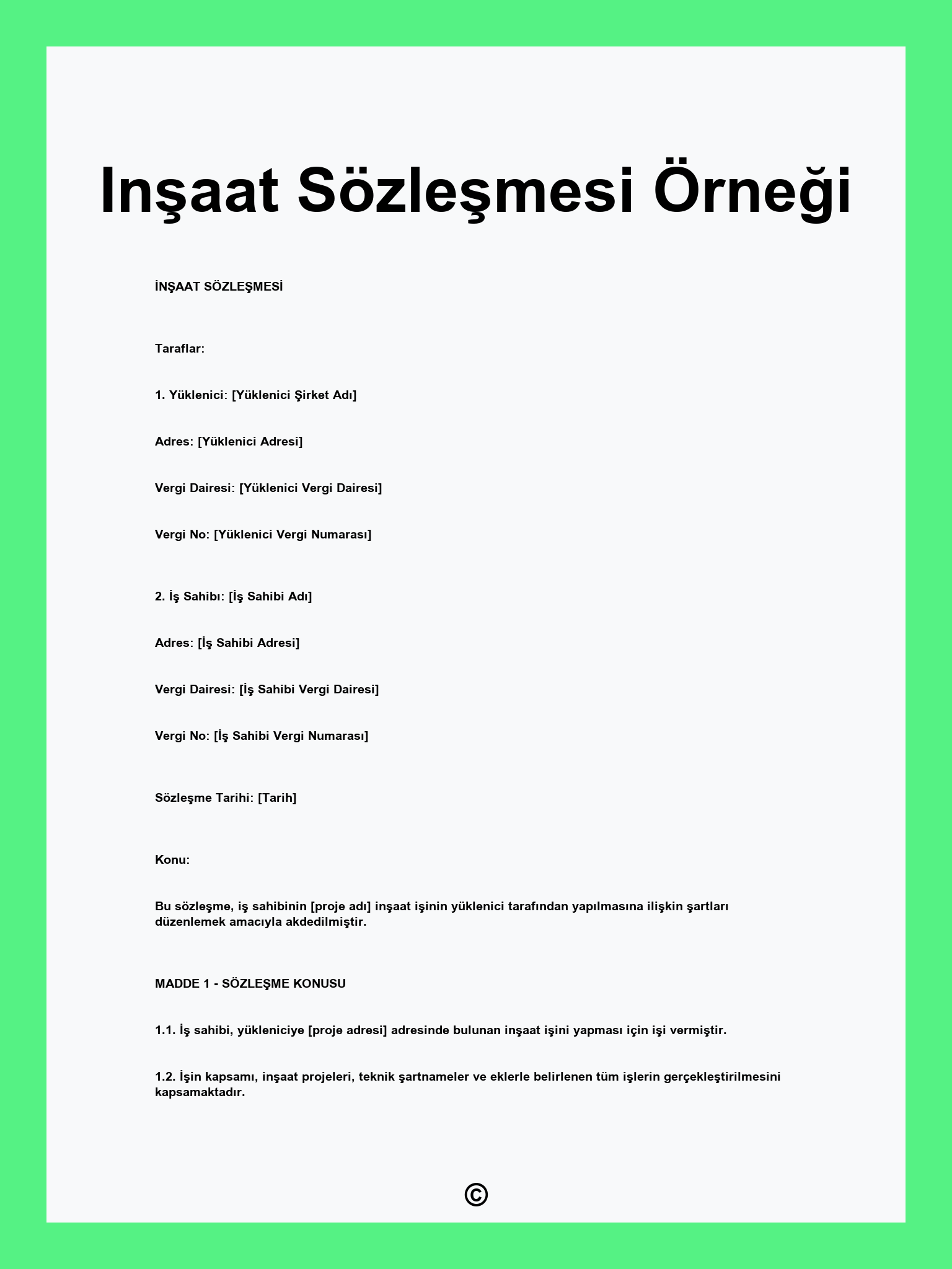 Inşaat Sözleşmesi Örneği