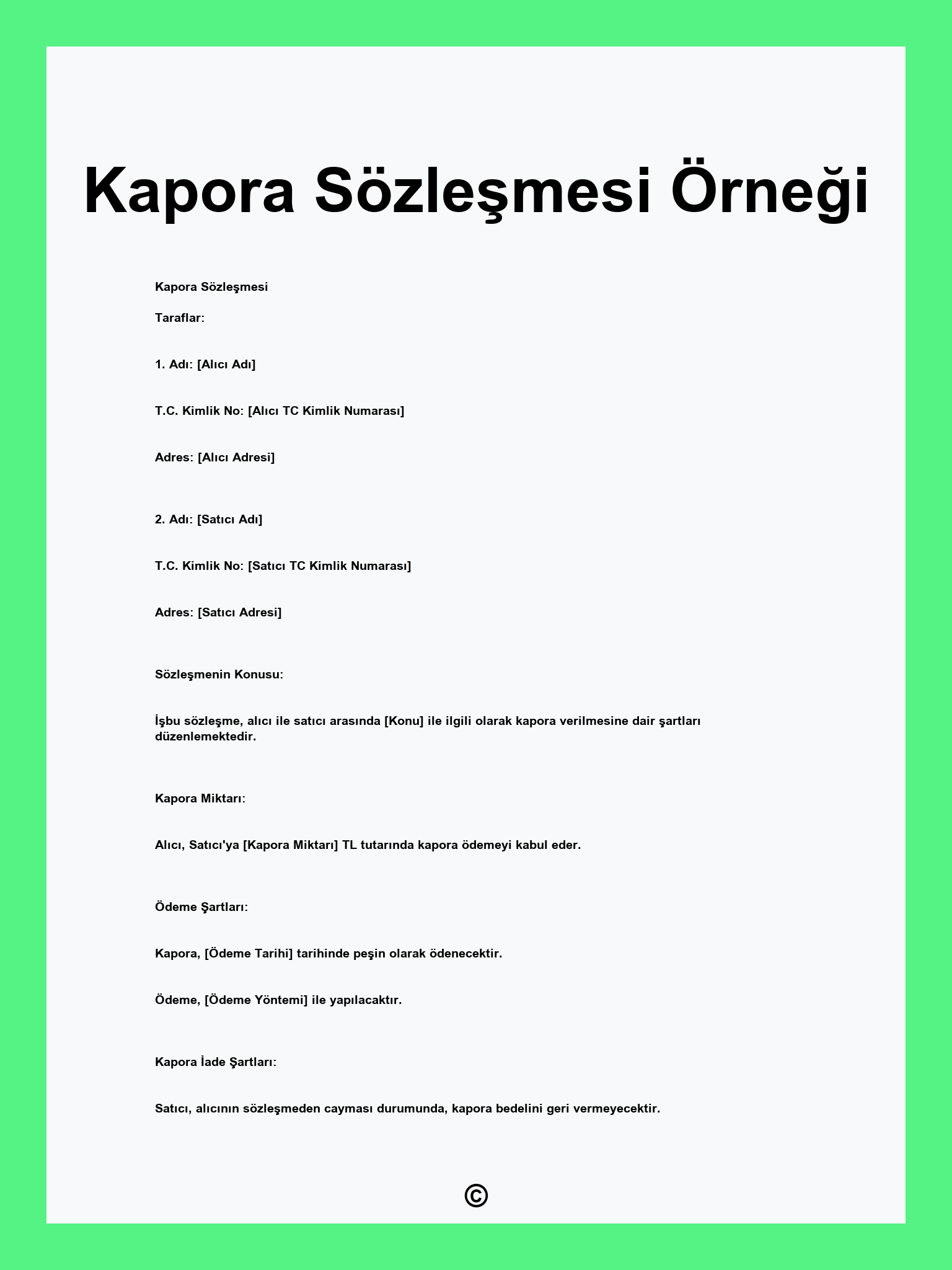 Kapora Sözleşmesi Örneği