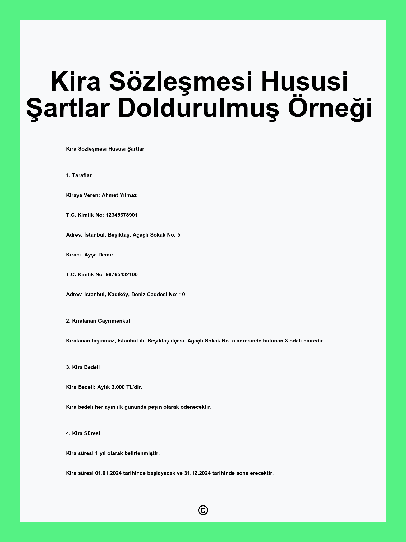 Kira Sözleşmesi Hususi Şartlar Doldurulmuş Örneği