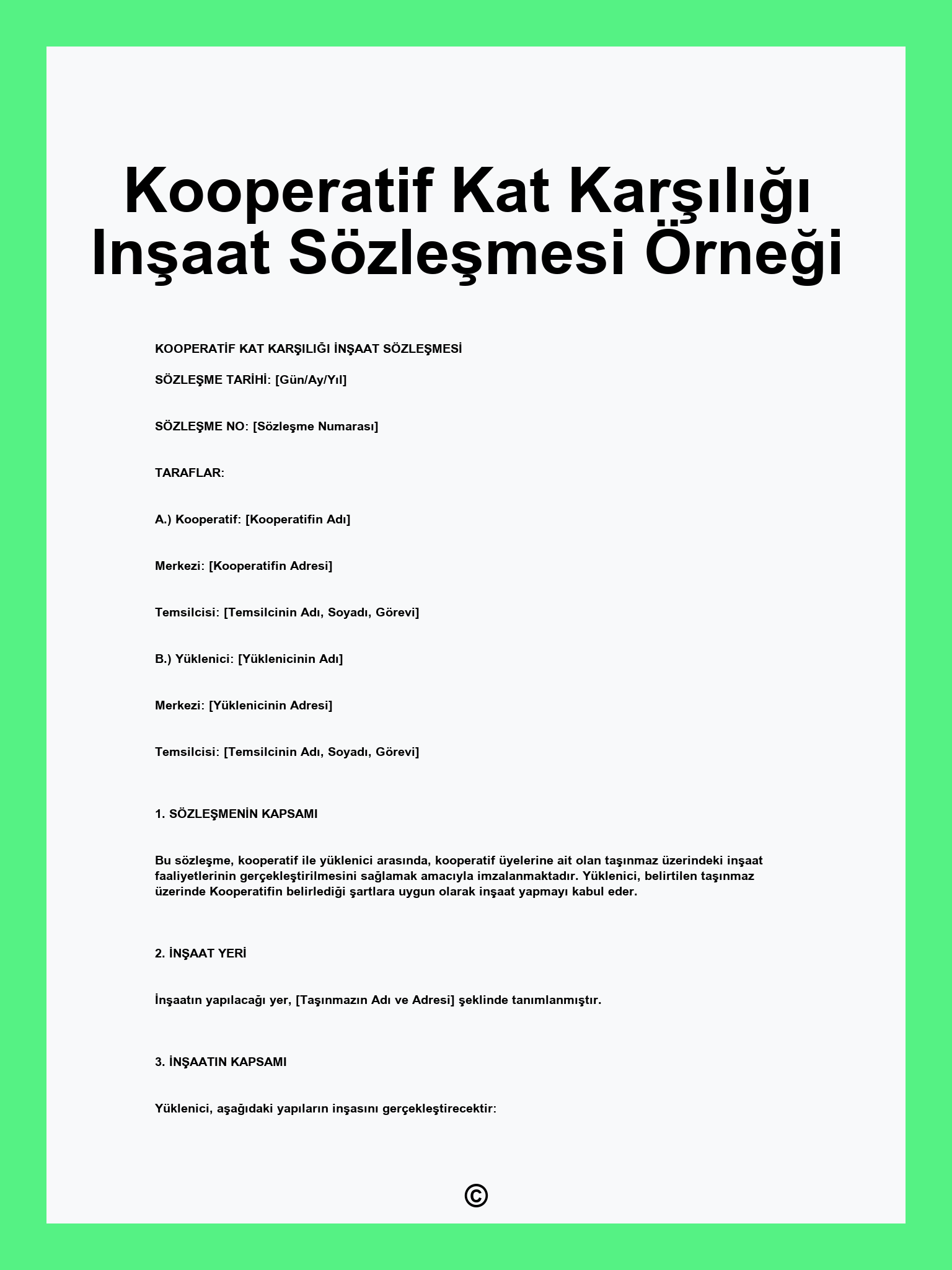 Kooperatif Kat Karşılığı Inşaat Sözleşmesi Örneği