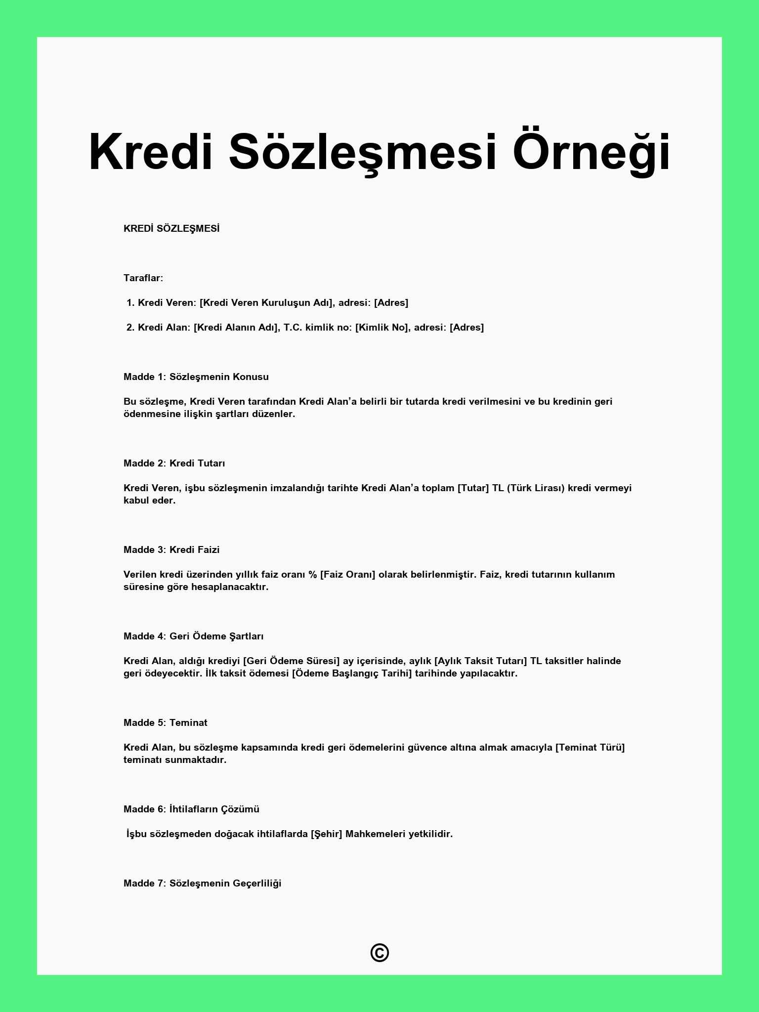 Kredi Sözleşmesi Örneği