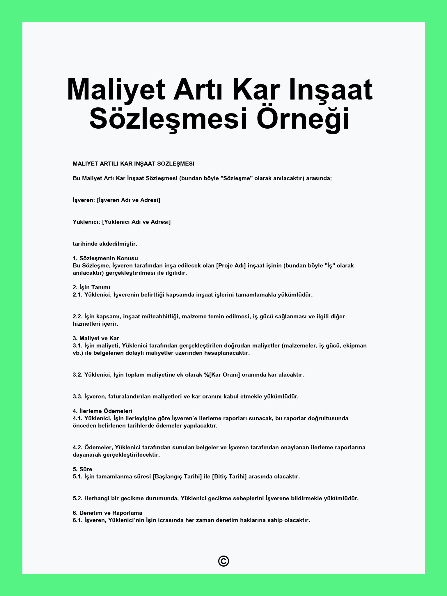 Maliyet Artı Kar Inşaat Sözleşmesi Örneği