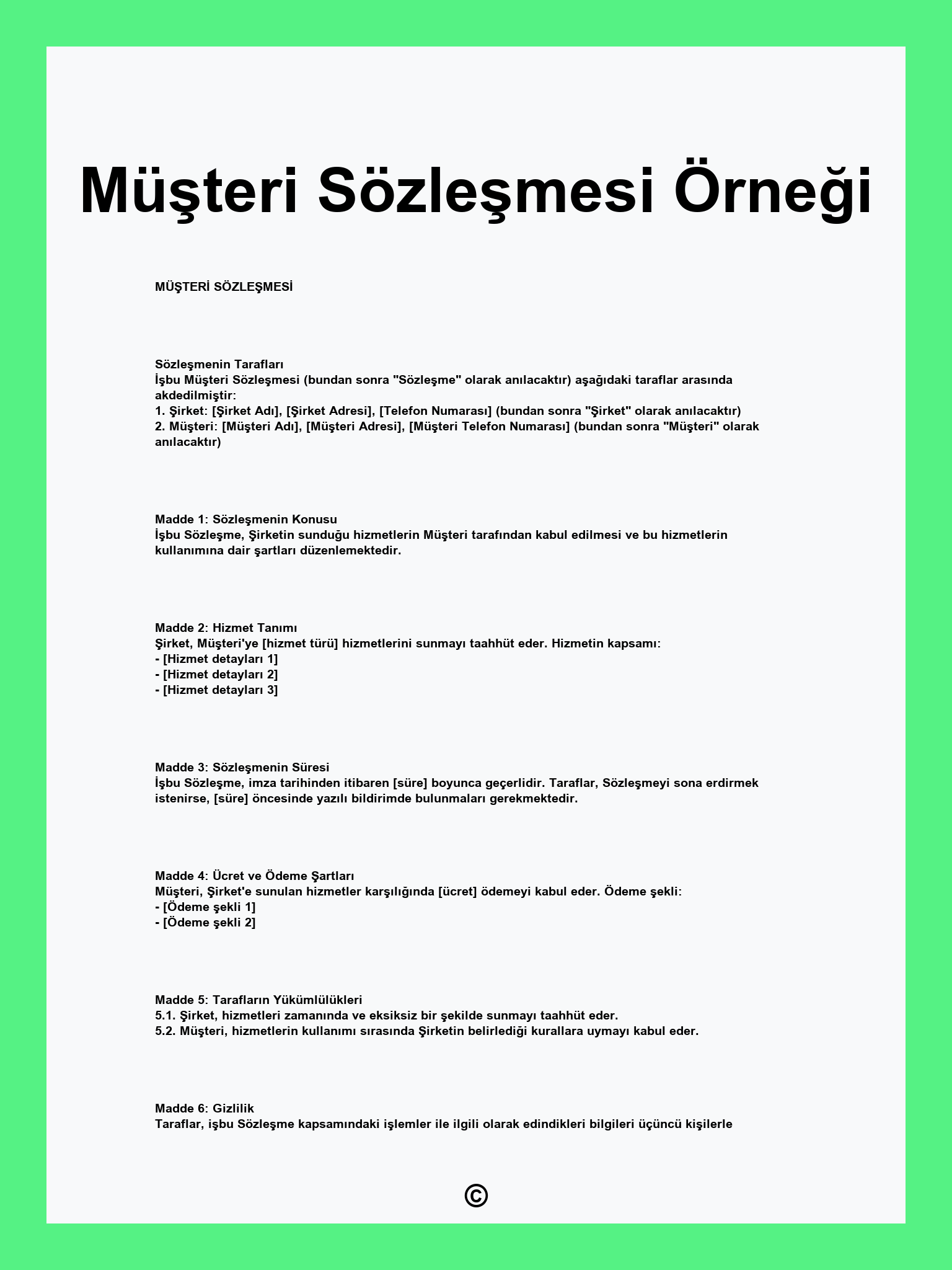 Müşteri Sözleşmesi Örneği