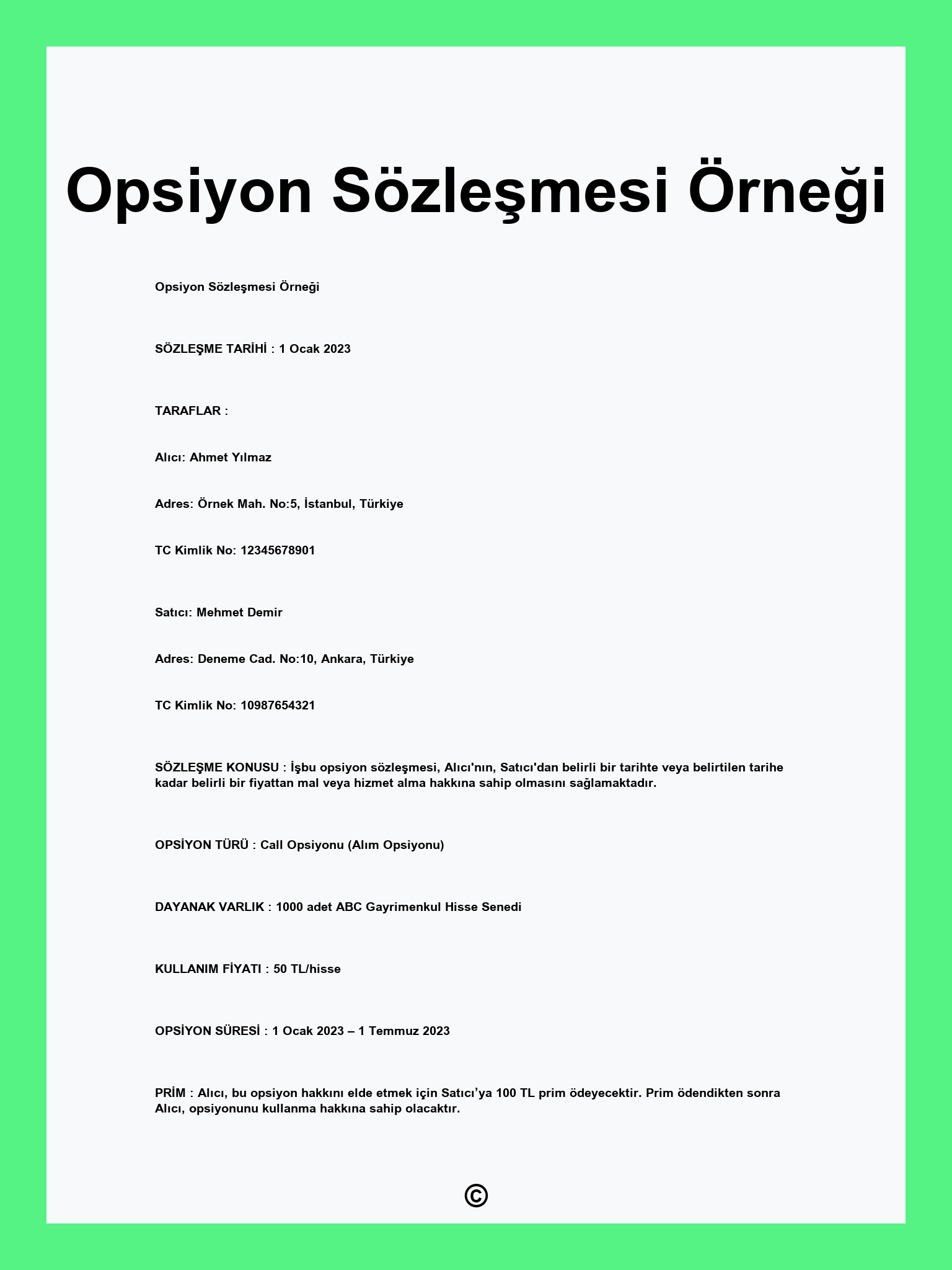 Opsiyon Sözleşmesi Örneği