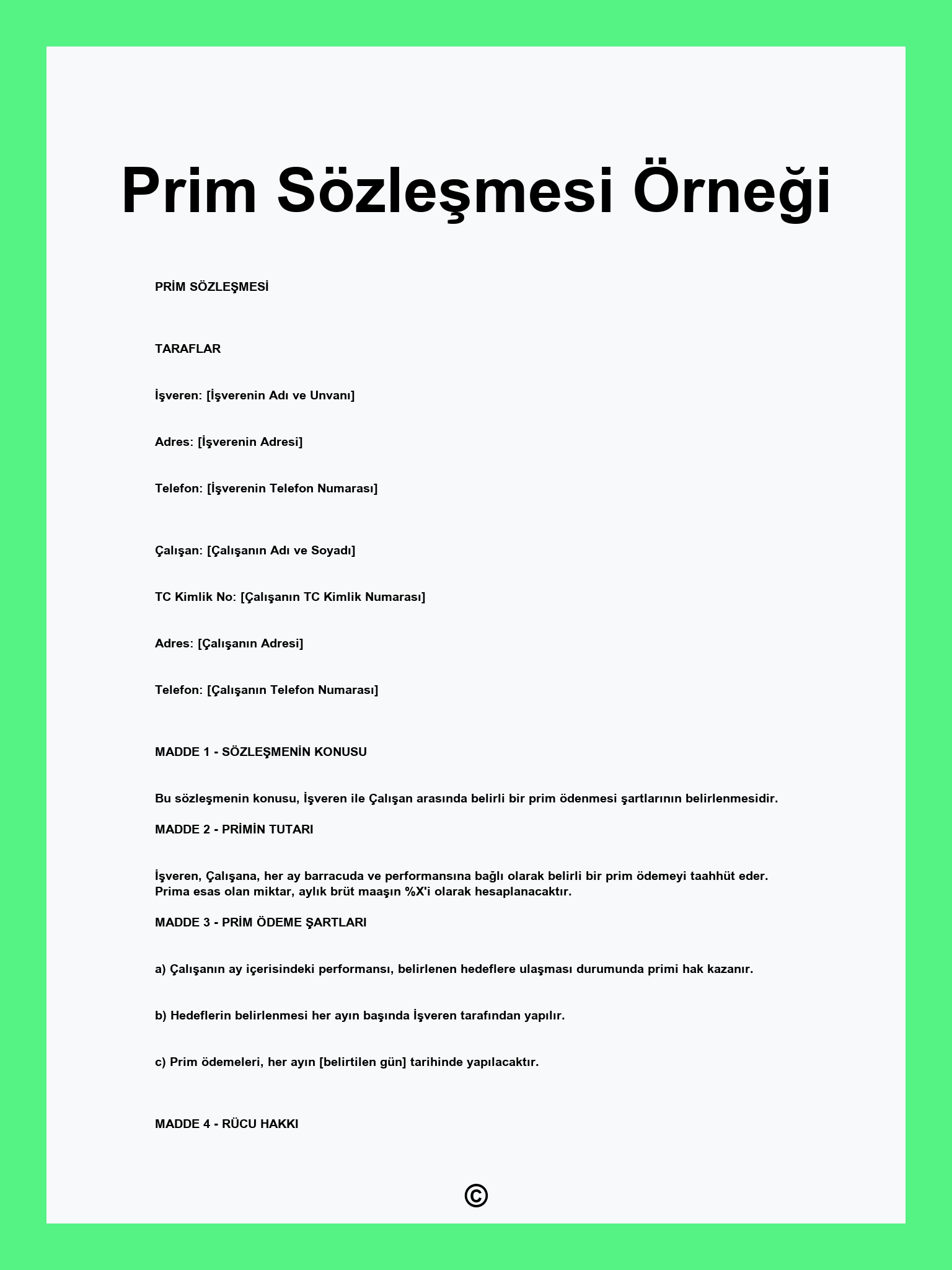 Prim Sözleşmesi Örneği