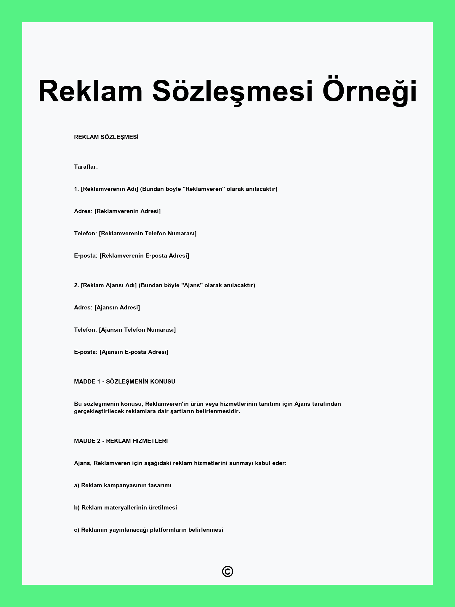 Reklam Sözleşmesi Örneği