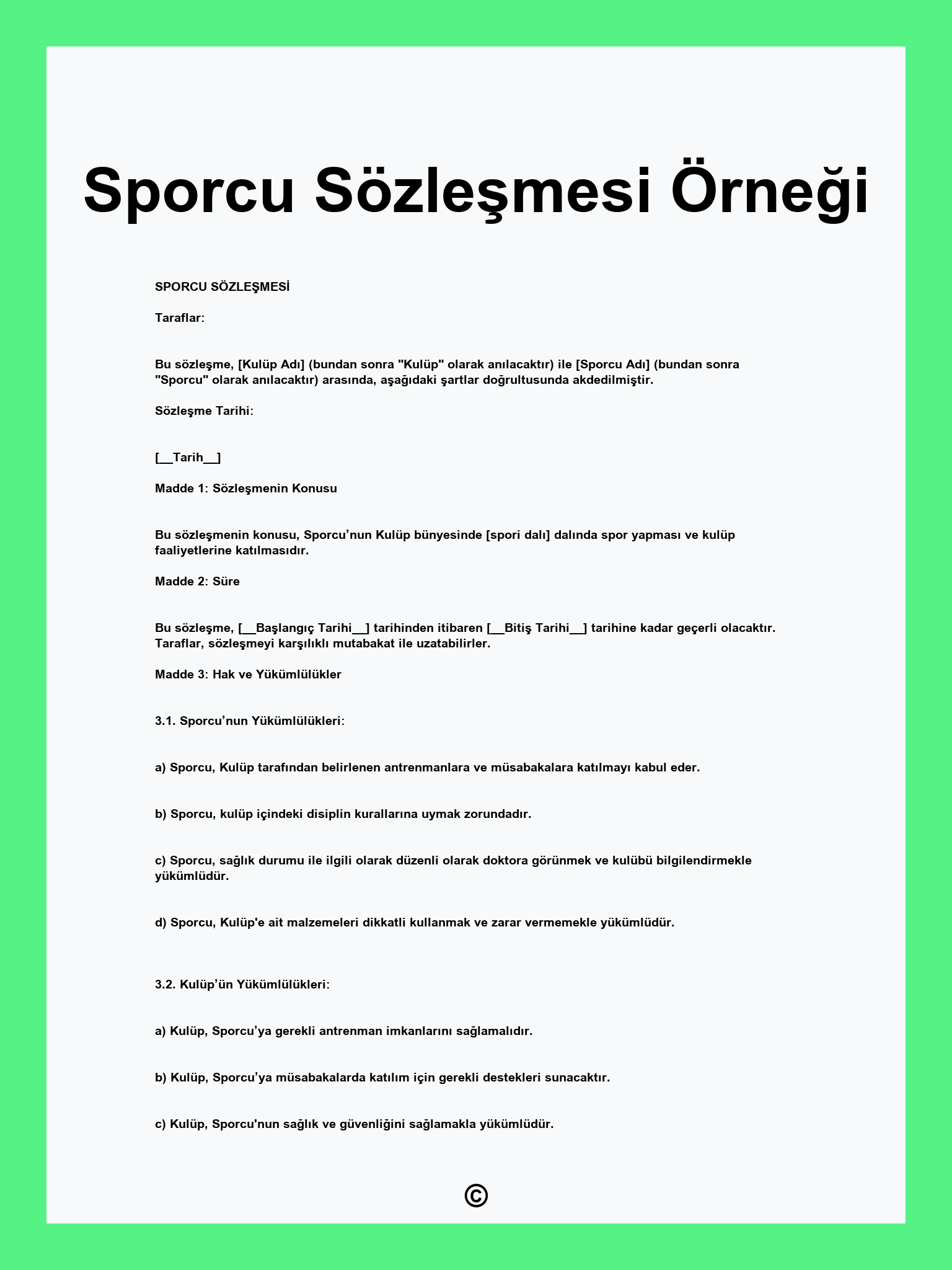 Sporcu Sözleşmesi Örneği