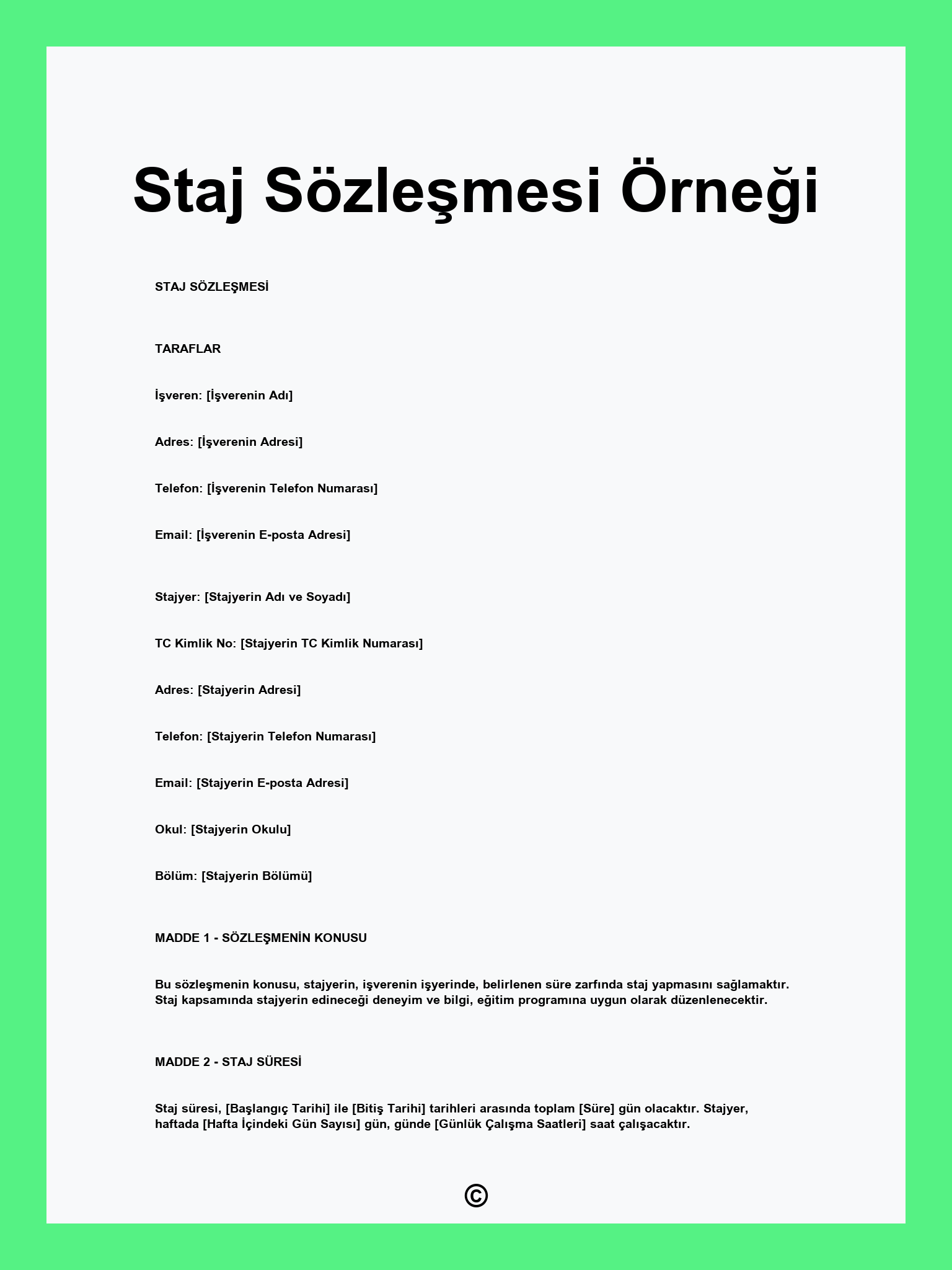 Staj Sözleşmesi Örneği
