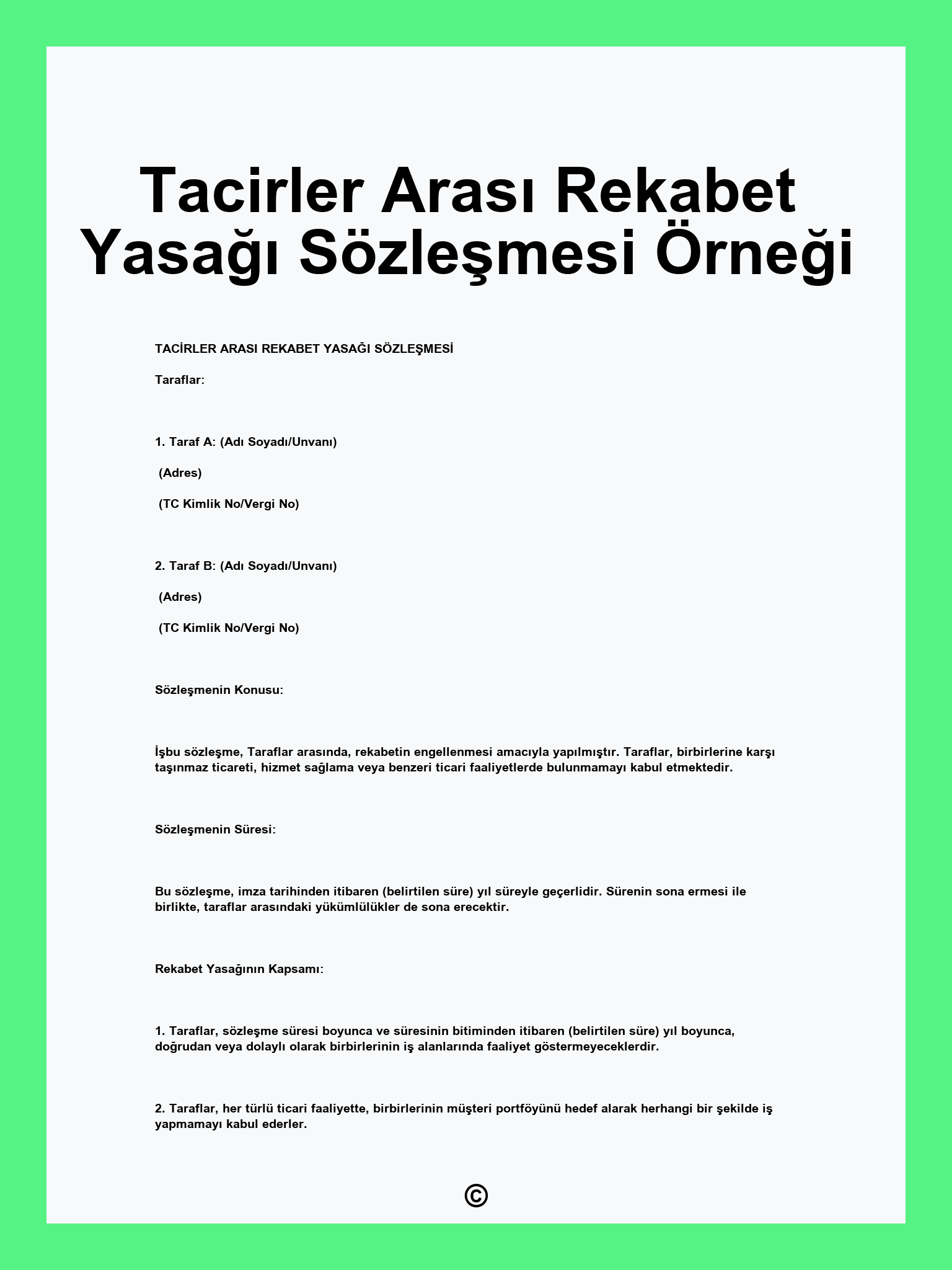 Tacirler Arası Rekabet Yasağı Sözleşmesi Örneği