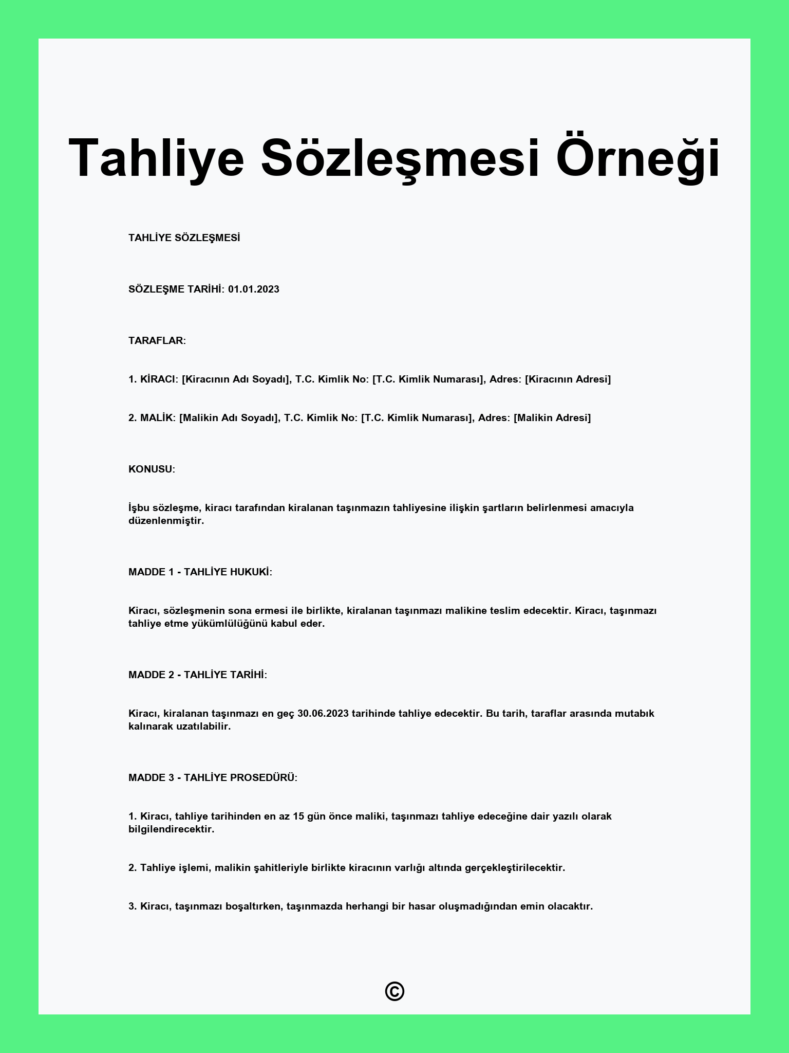 Tahliye Sözleşmesi Örneği