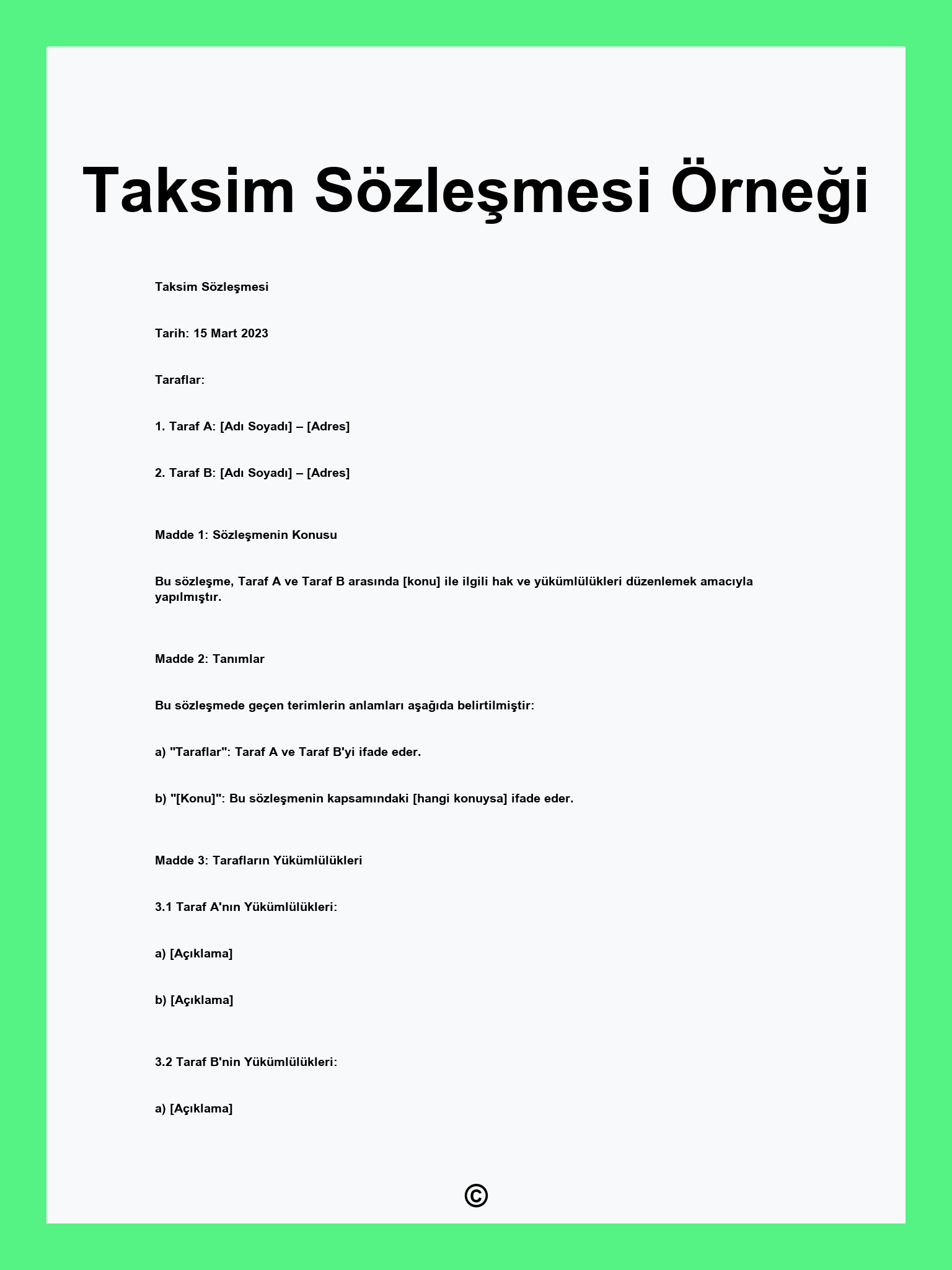 Taksim Sözleşmesi Örneği