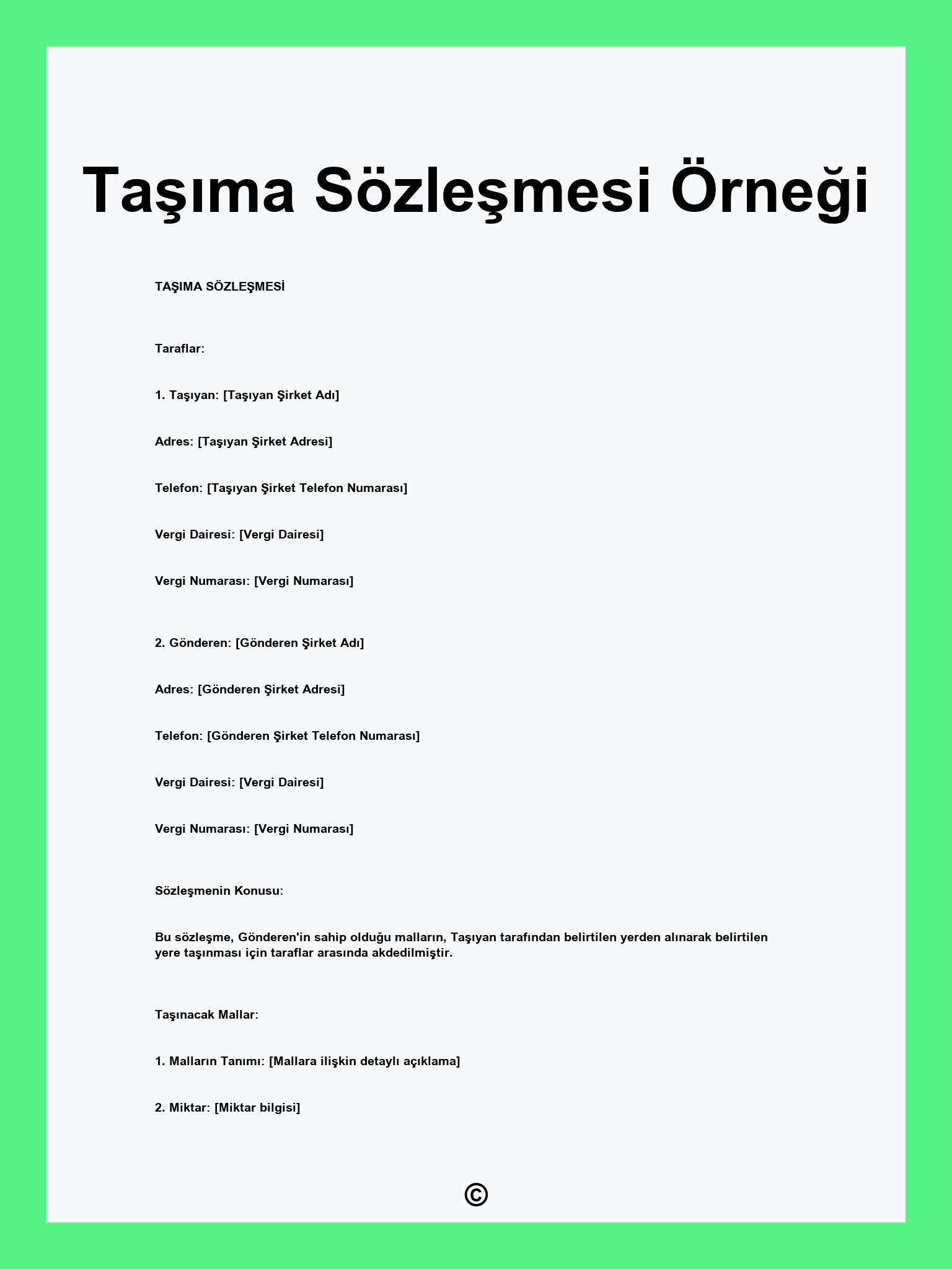 Taşıma Sözleşmesi Örneği