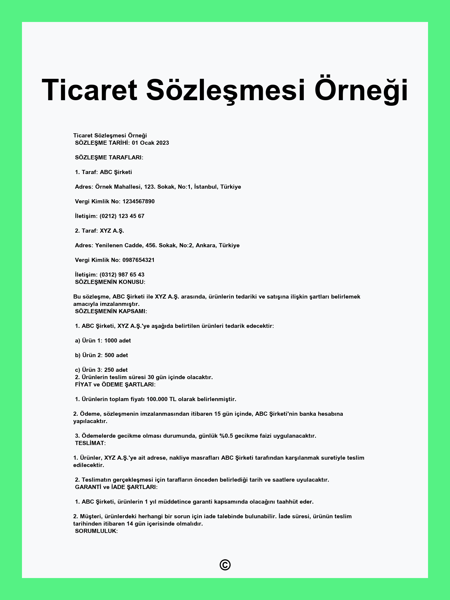 Ticaret Sözleşmesi Örneği