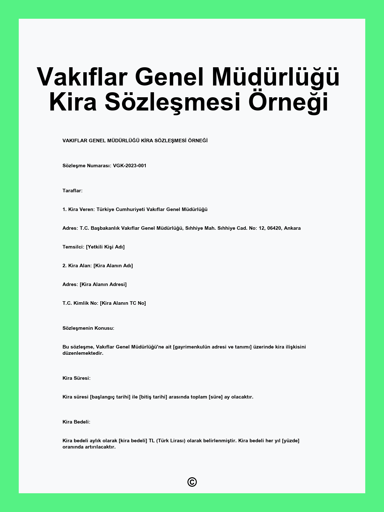 Vakıflar Genel Müdürlüğü Kira Sözleşmesi Örneği