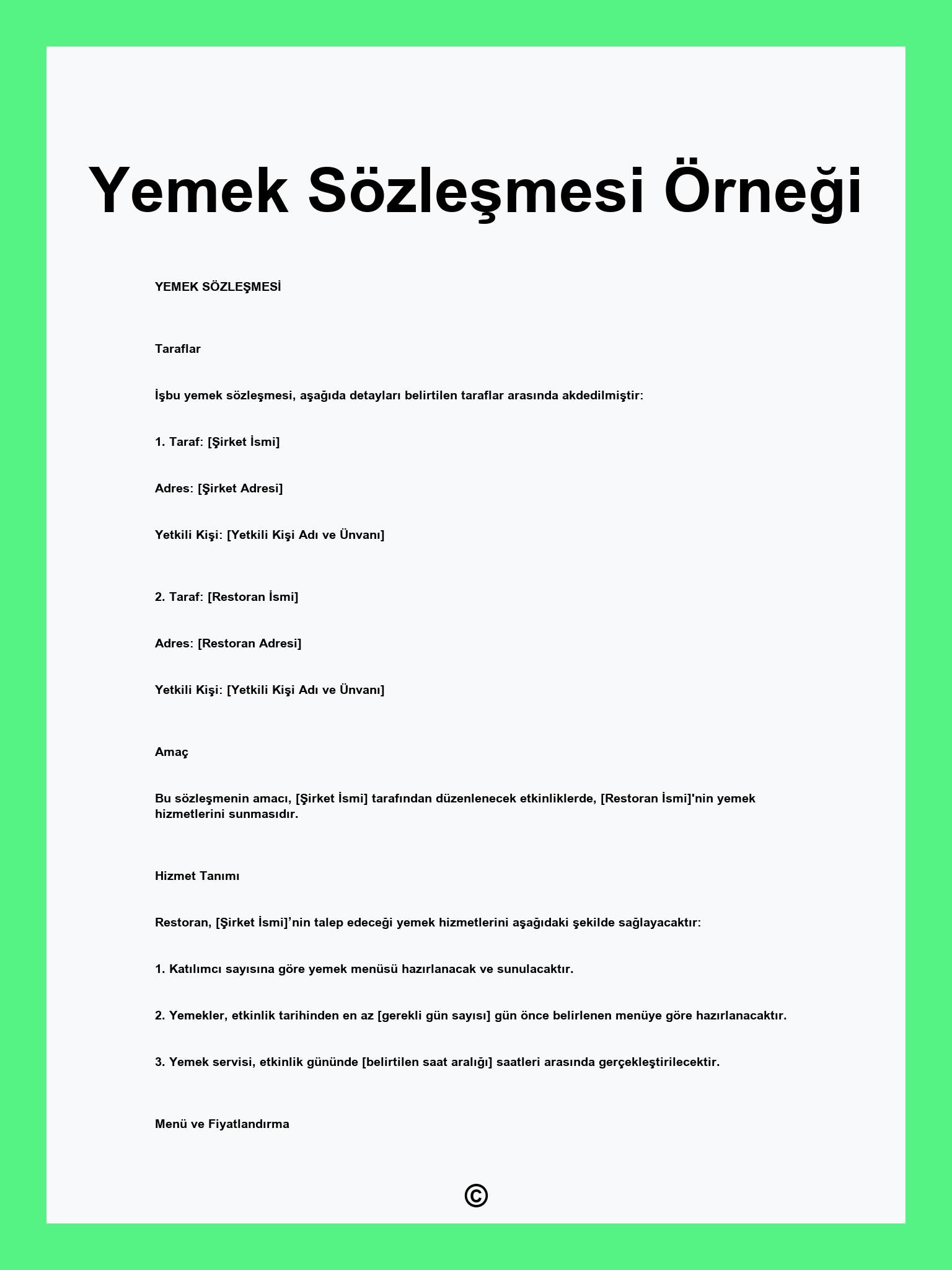 Yemek Sözleşmesi Örneği